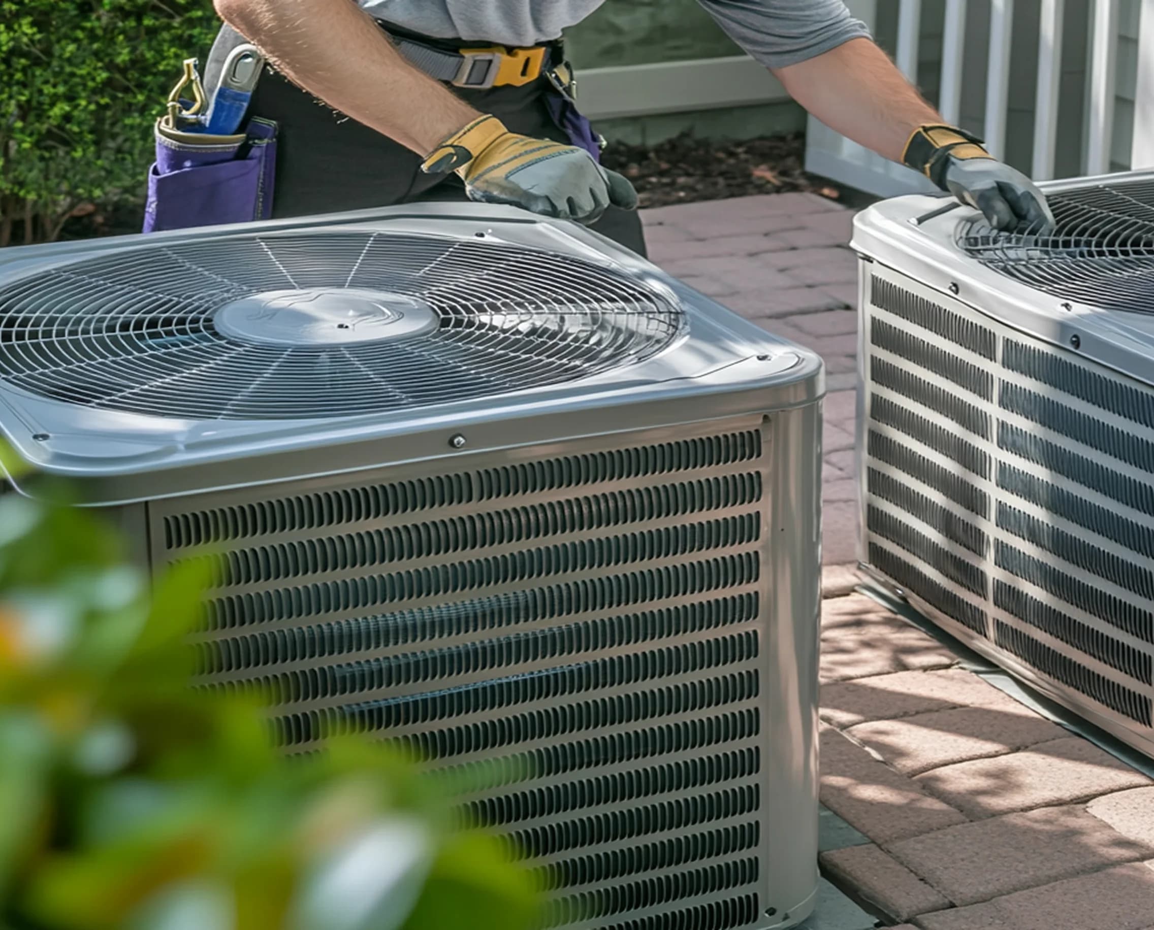 A heat pump technician is doing maintenance to the air conditioning and heat pump units.
